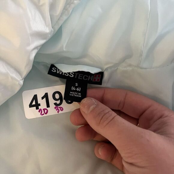 Swiss Tech Baby Blue Puffer Coat Jacket Small 4-6 Womens Packable Mid-Length - Picture 6 of 15